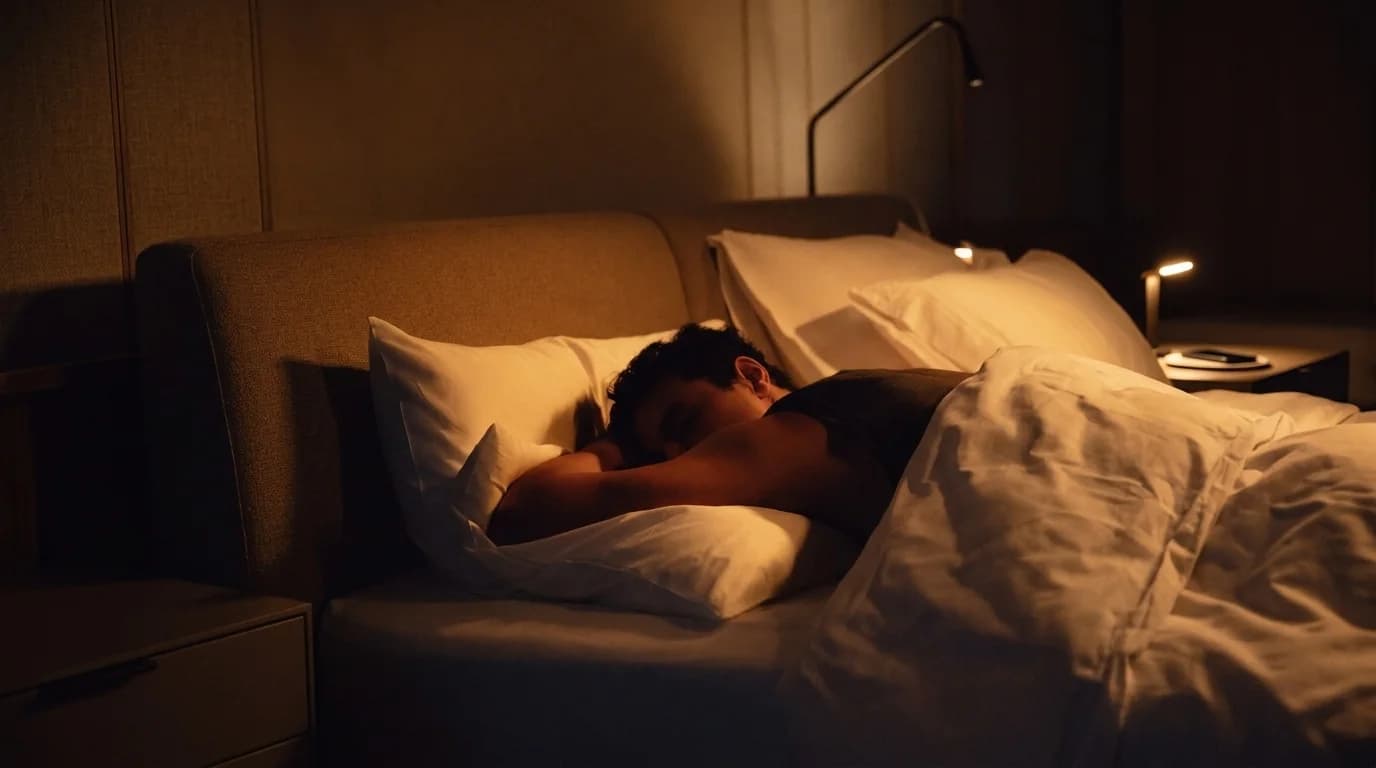 Someone sleeping soundly beside a warm, glowing bedside lamp.