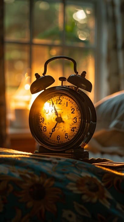 A vintage alarm clock backlit by golden sunset light through a window.