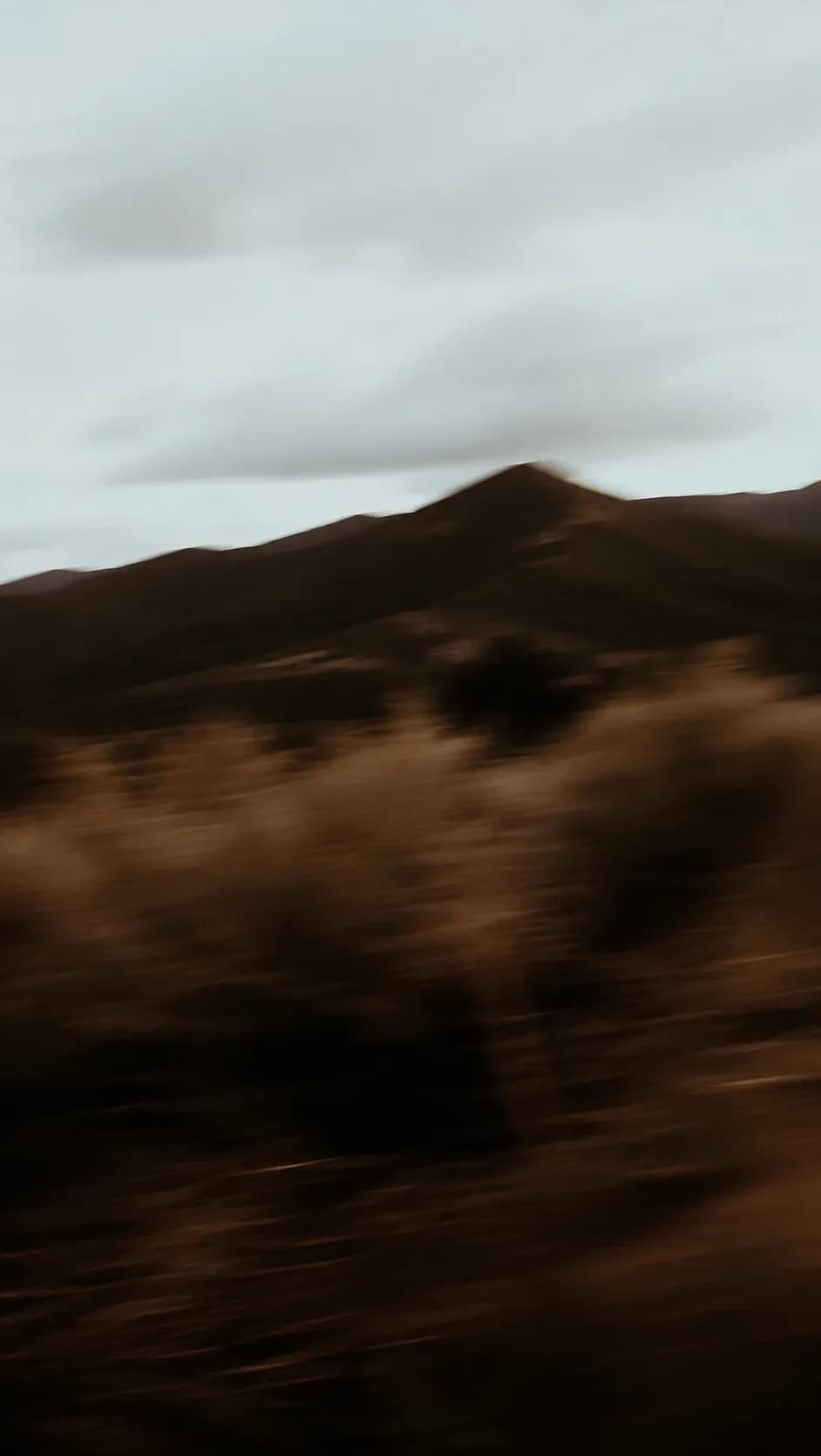 A desert mountain ridge and scrub brush, shot in motion.