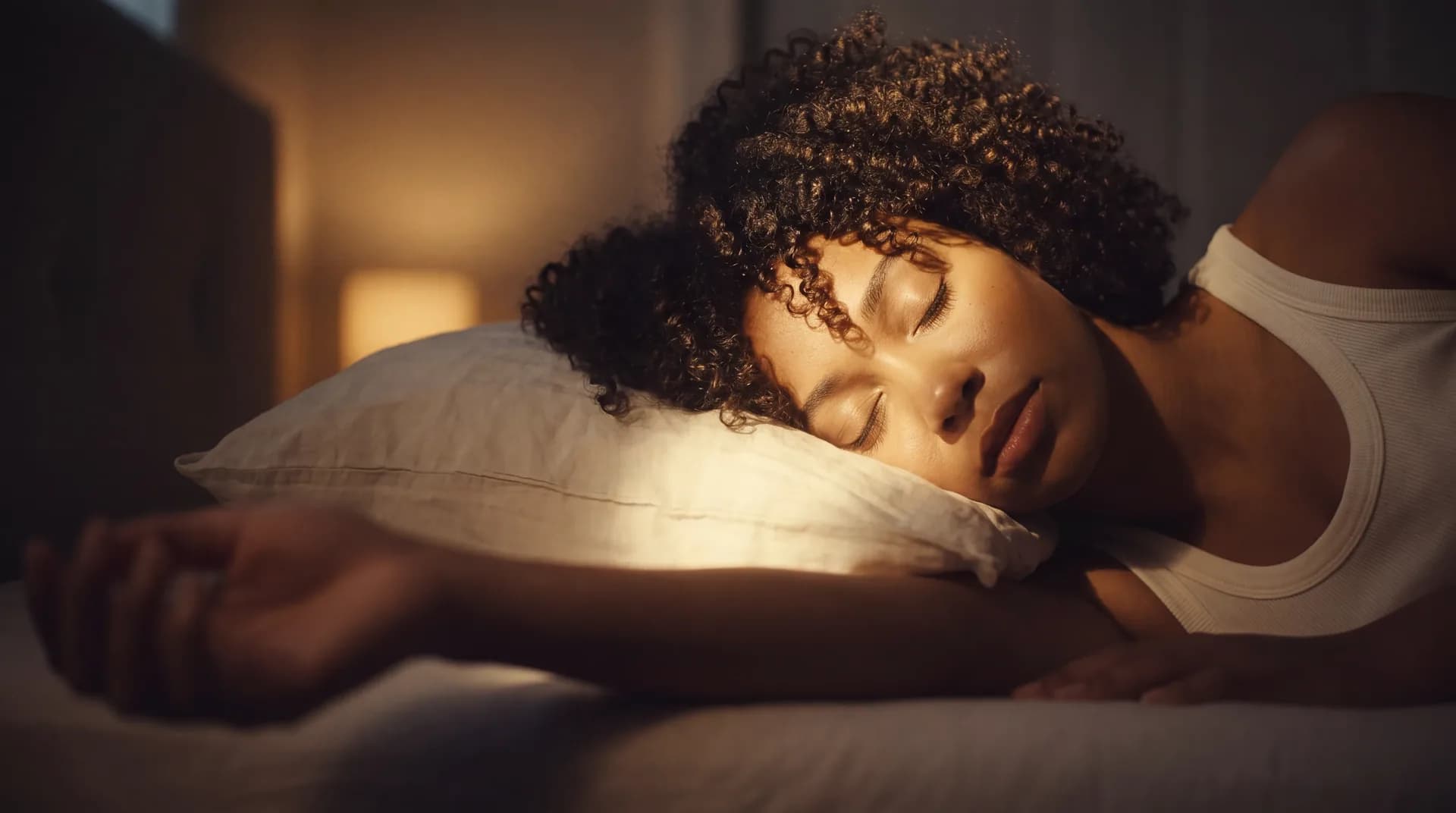 Someone sleeping peacefully, lit by the warm glow of a bedside lamp.
