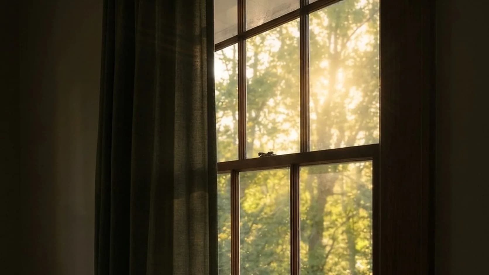 Early sunrise glowing through a bedroom window and the trees outside.