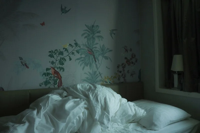 Soft morning light falling across rumpled bedsheets.